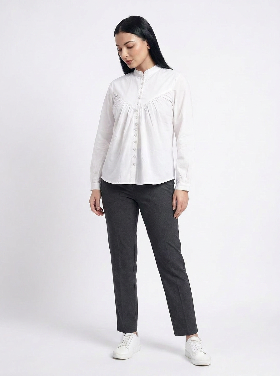White Gathered Yoke Mandarin Collar Shirt- The Woven Saga