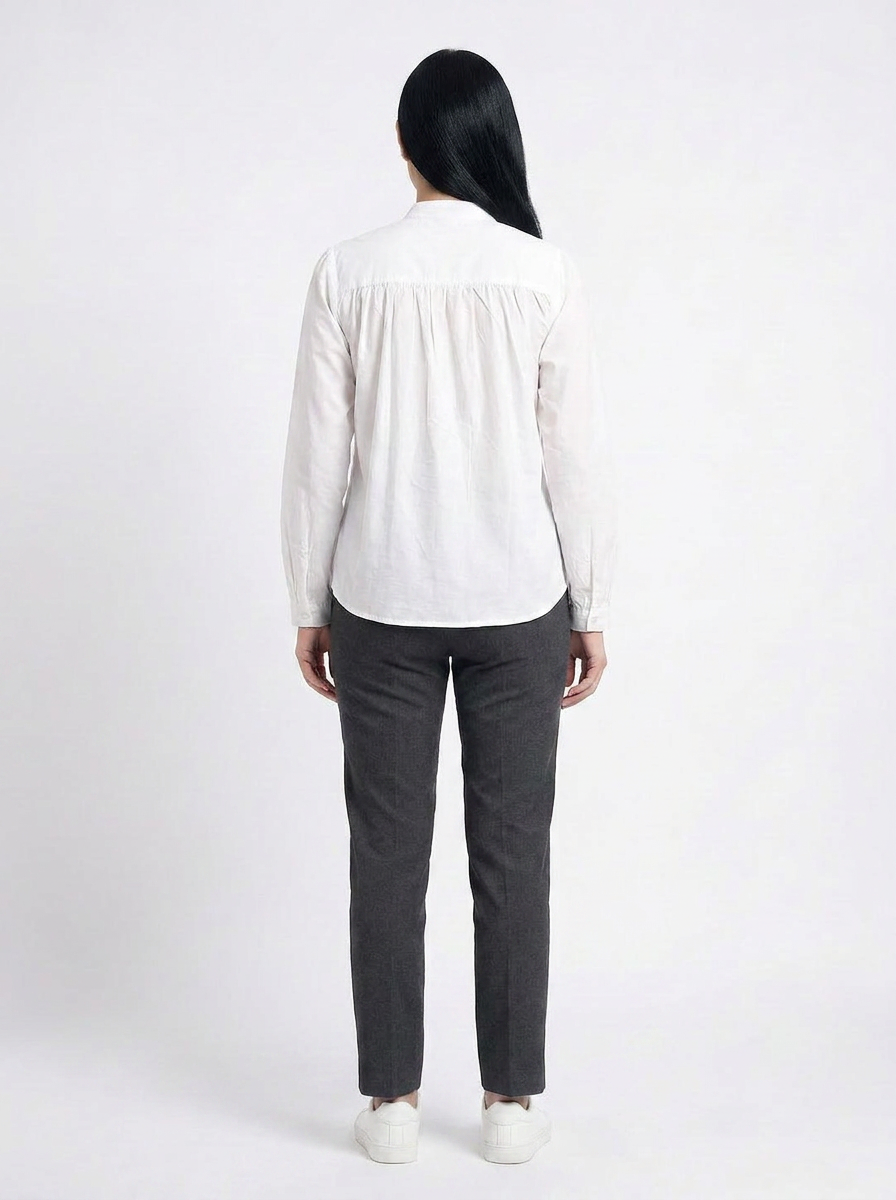 White Gathered Yoke Mandarin Collar Shirt- The Woven Saga