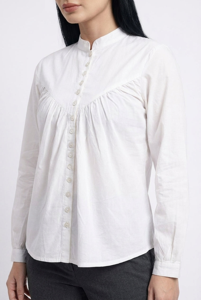 White Gathered Yoke Mandarin Collar Shirt- The Woven Saga