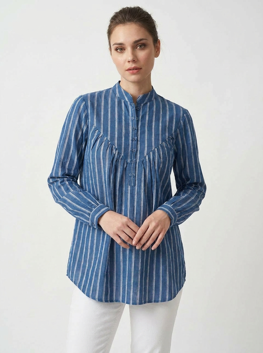 Women’s Relaxed Fit Striped Tunic Shirt in Blue - The Woven Saga