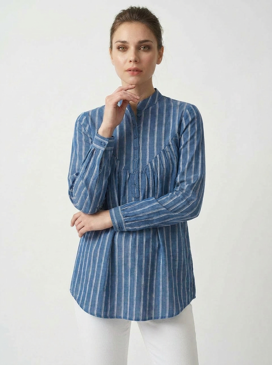 Women’s Relaxed Fit Striped Tunic Shirt in Blue - The Woven Saga