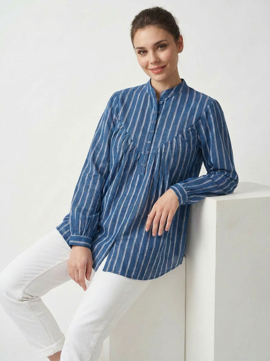 Women’s Relaxed Fit Striped Tunic Shirt in Blue - The Woven Saga