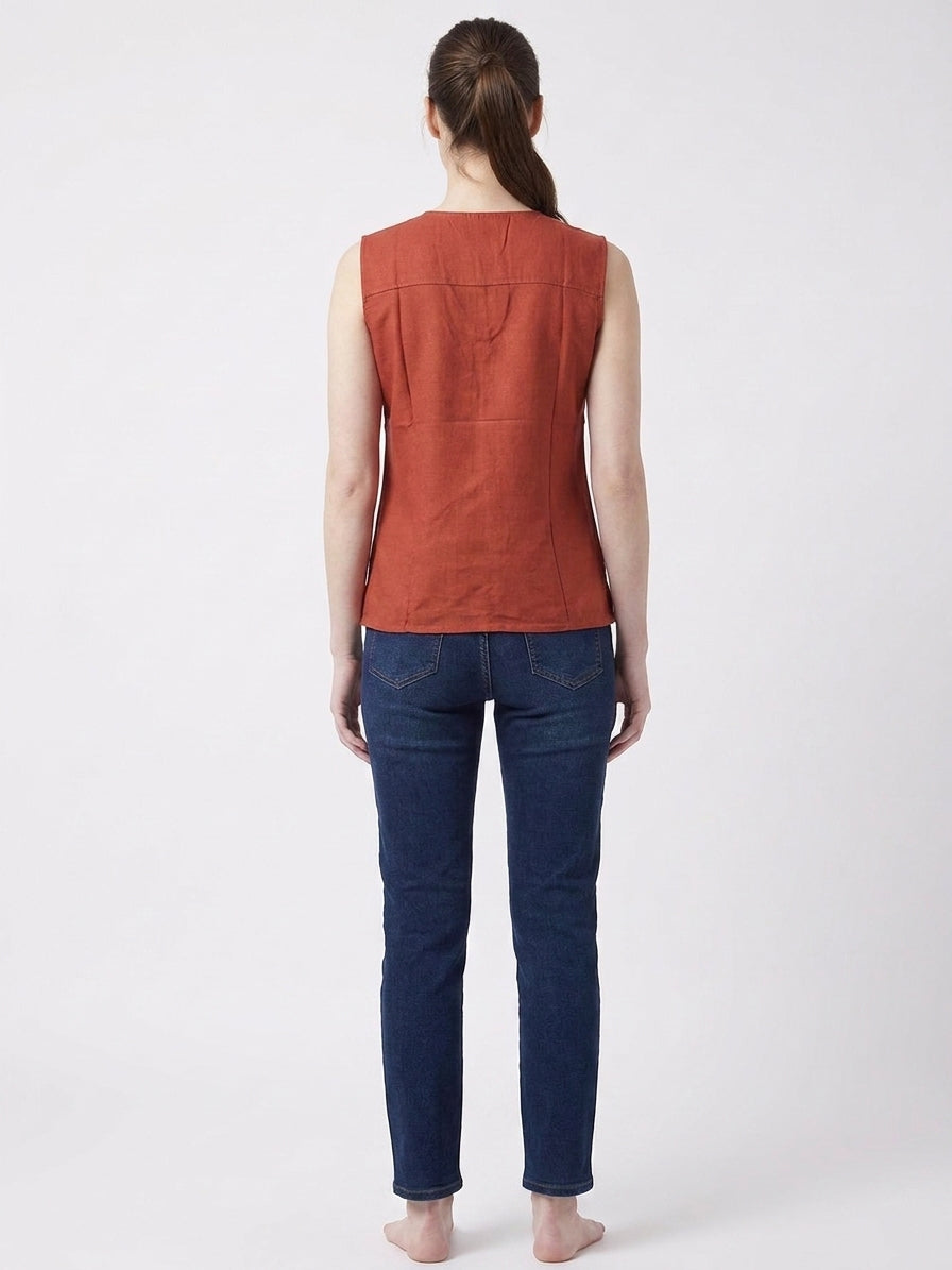 Rust Embroidered V-Neck Sleeveless Top