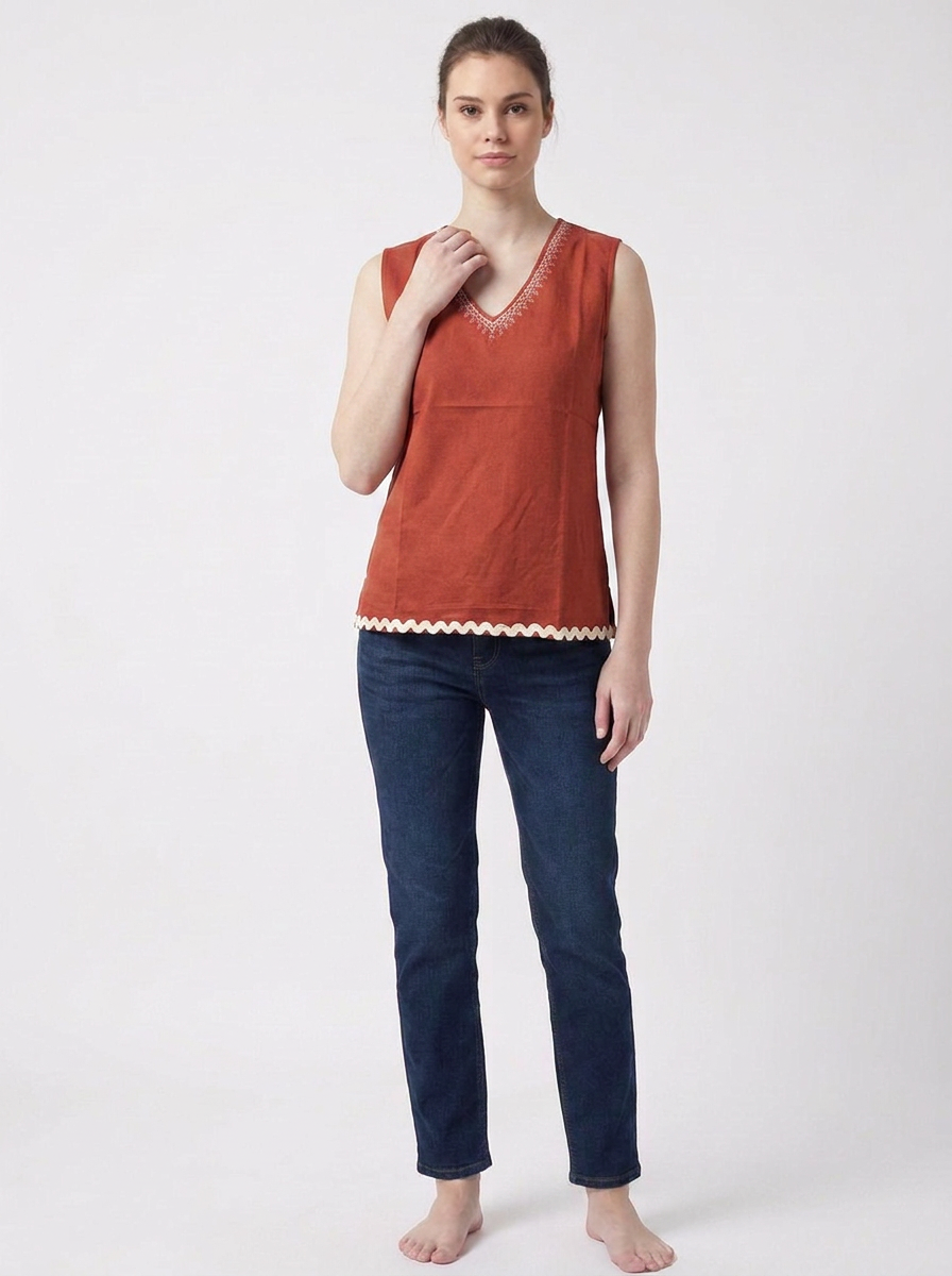 Rust Embroidered V-Neck Sleeveless Top