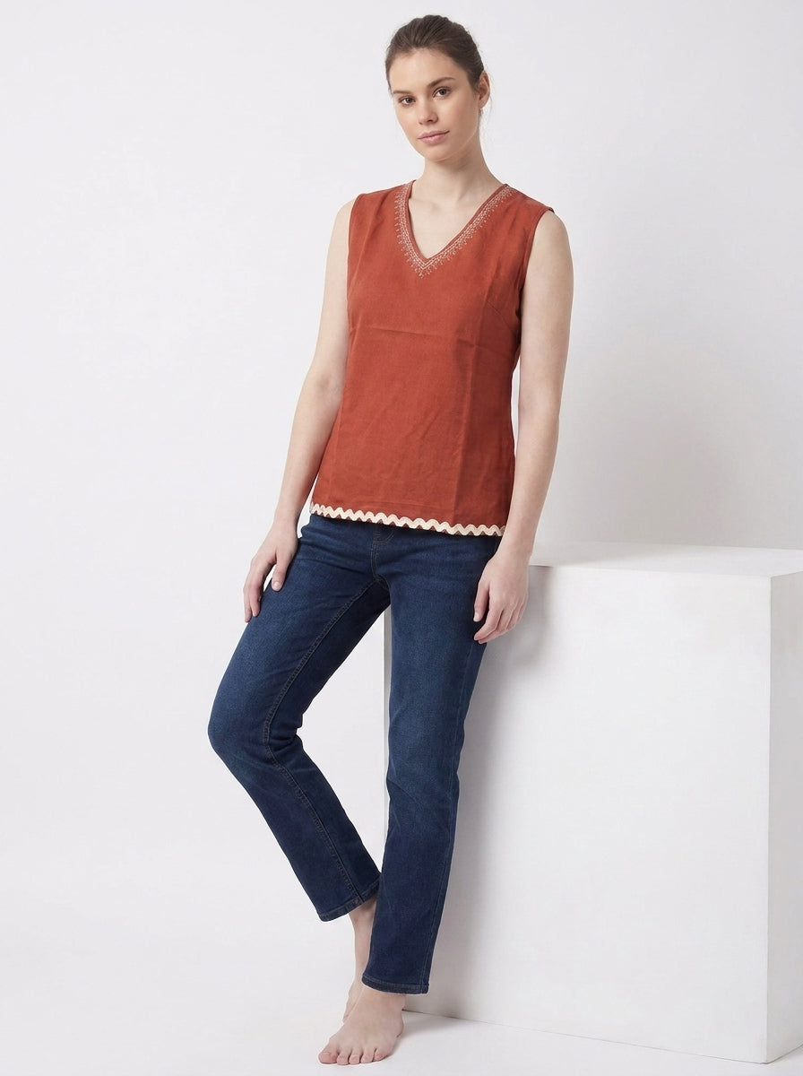 Rust Embroidered V-Neck Sleeveless Top