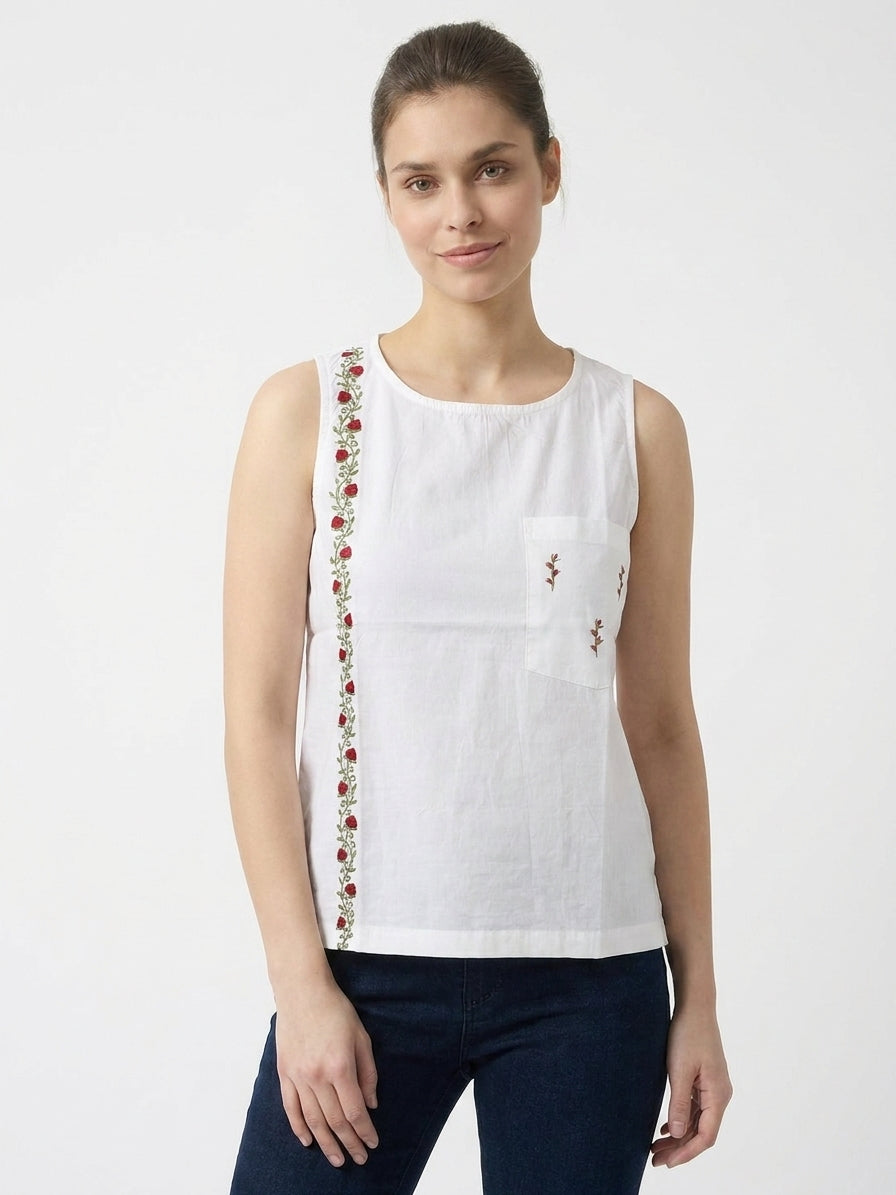 White Vertical Rose Embroidered Sleeveless Top
