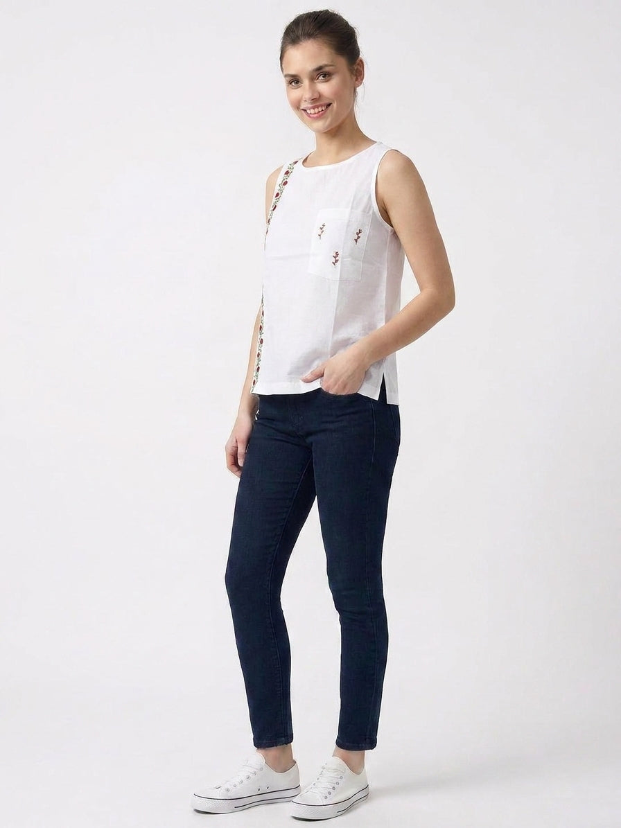 White Vertical Rose Embroidered Sleeveless Top