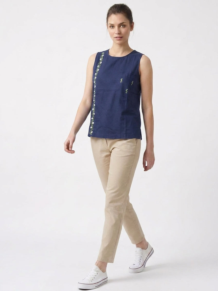 Navy Vertical Floral Embroidered Sleeveless Top