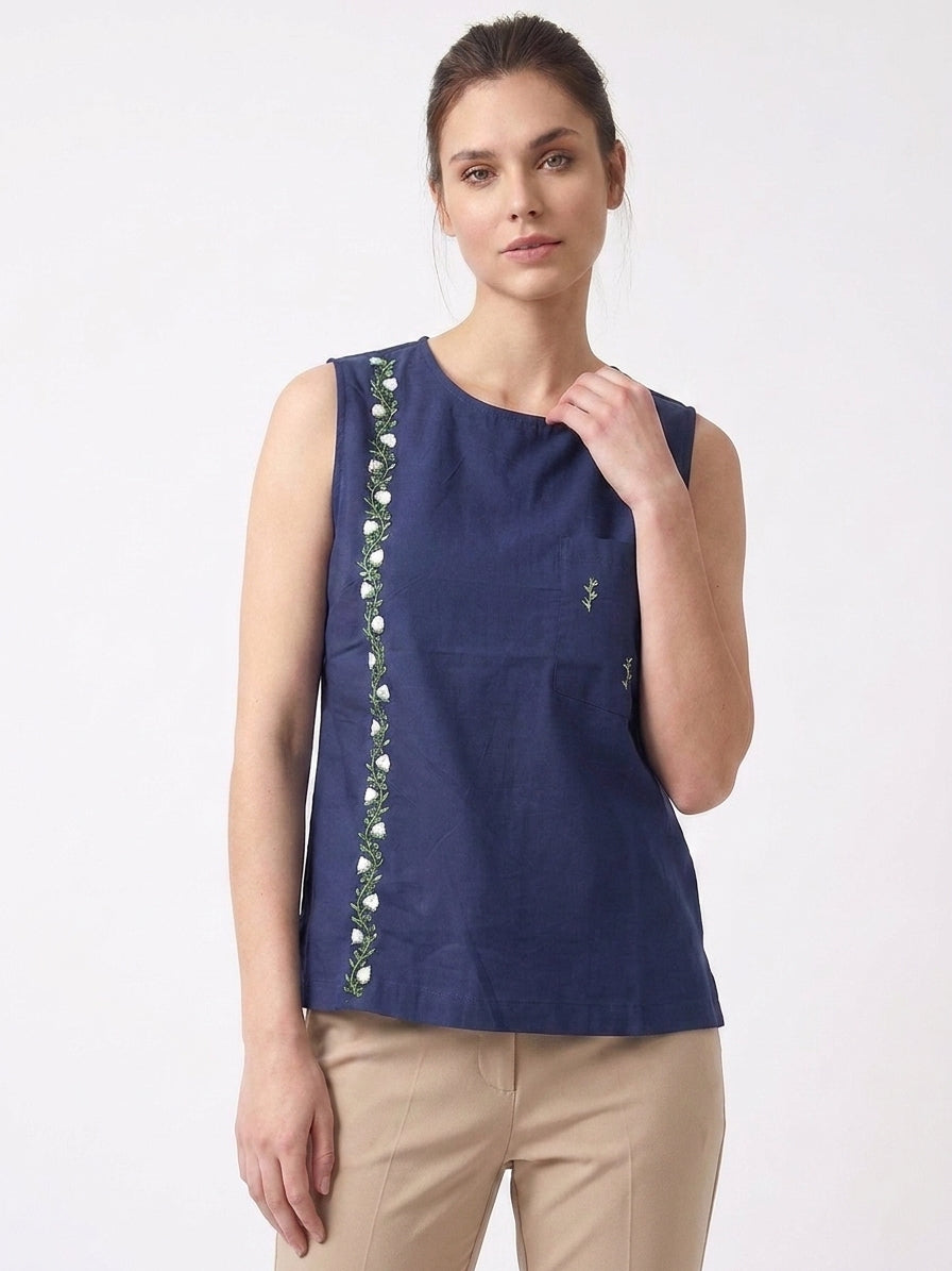 Navy Vertical Floral Embroidered Sleeveless Top