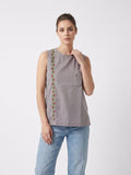 Grey Vertical Floral Embroidered Sleeveless Top