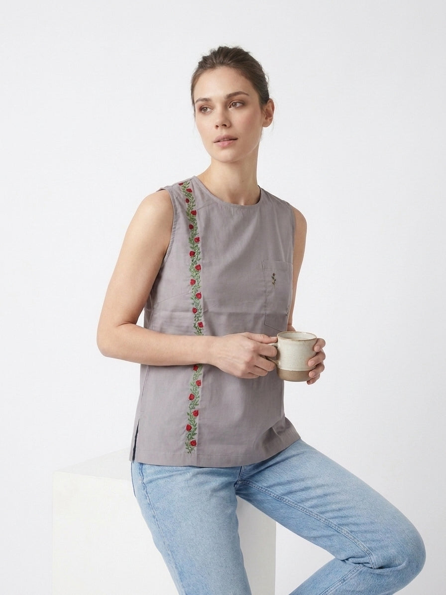 Grey Vertical Floral Embroidered Sleeveless Top