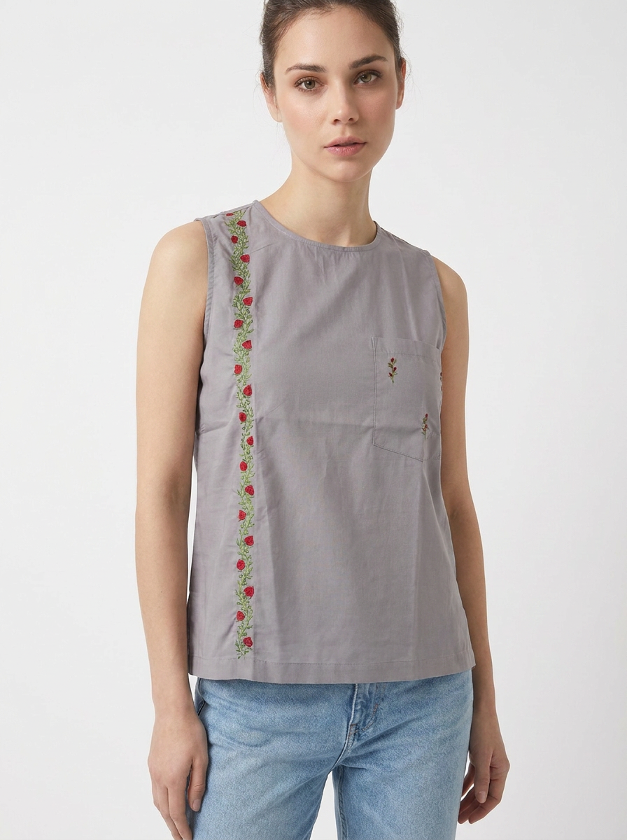 Grey Vertical Floral Embroidered Sleeveless Top