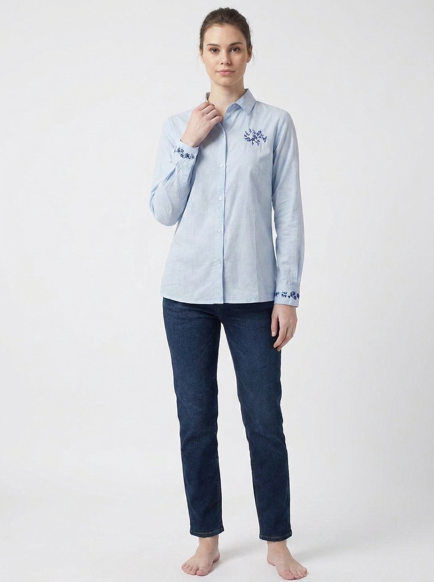 Powder Blue Navy Embroidered Chest & Cuff Shirt
