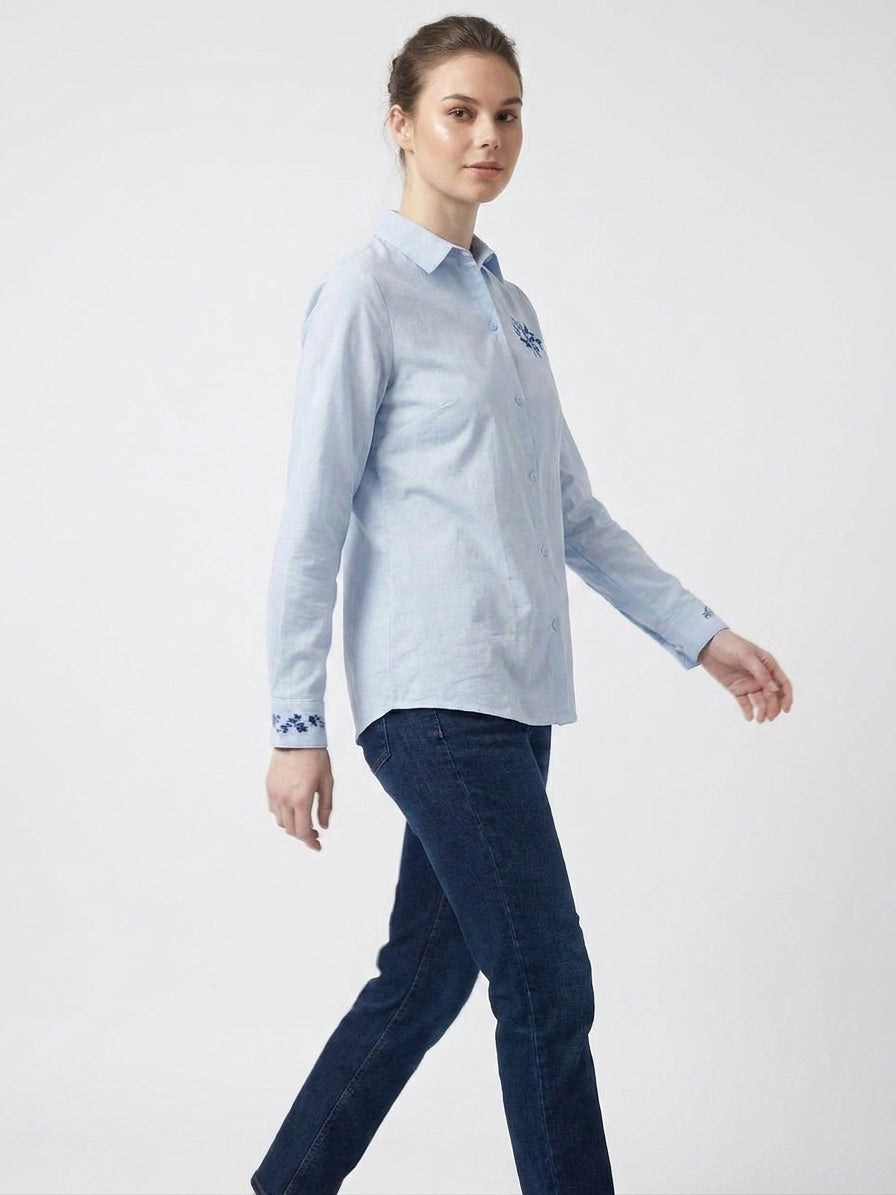Powder Blue Navy Embroidered Chest & Cuff Shirt