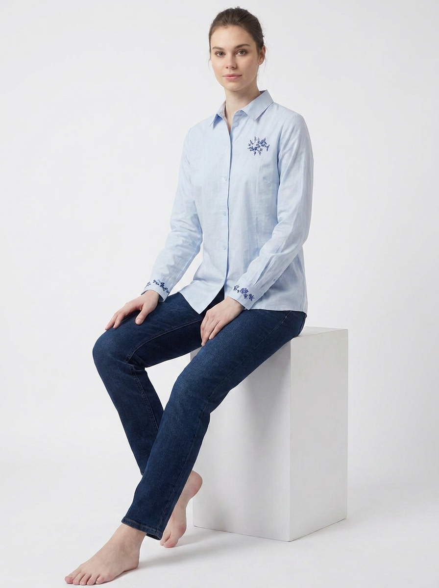 Powder Blue Navy Embroidered Chest & Cuff Shirt