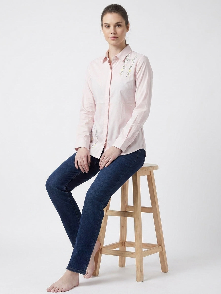Rose Pink Floral Embroidered Front Shirt