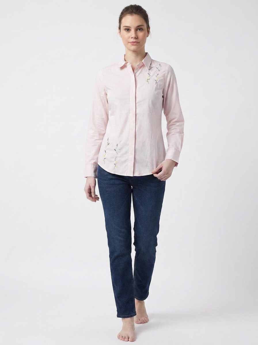 Rose Pink Floral Embroidered Front Shirt