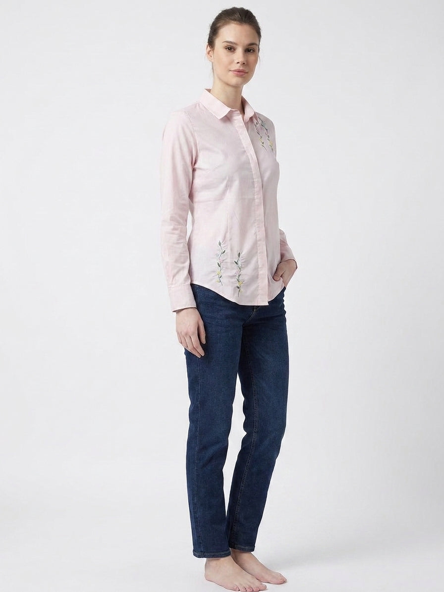 Rose Pink Floral Embroidered Front Shirt