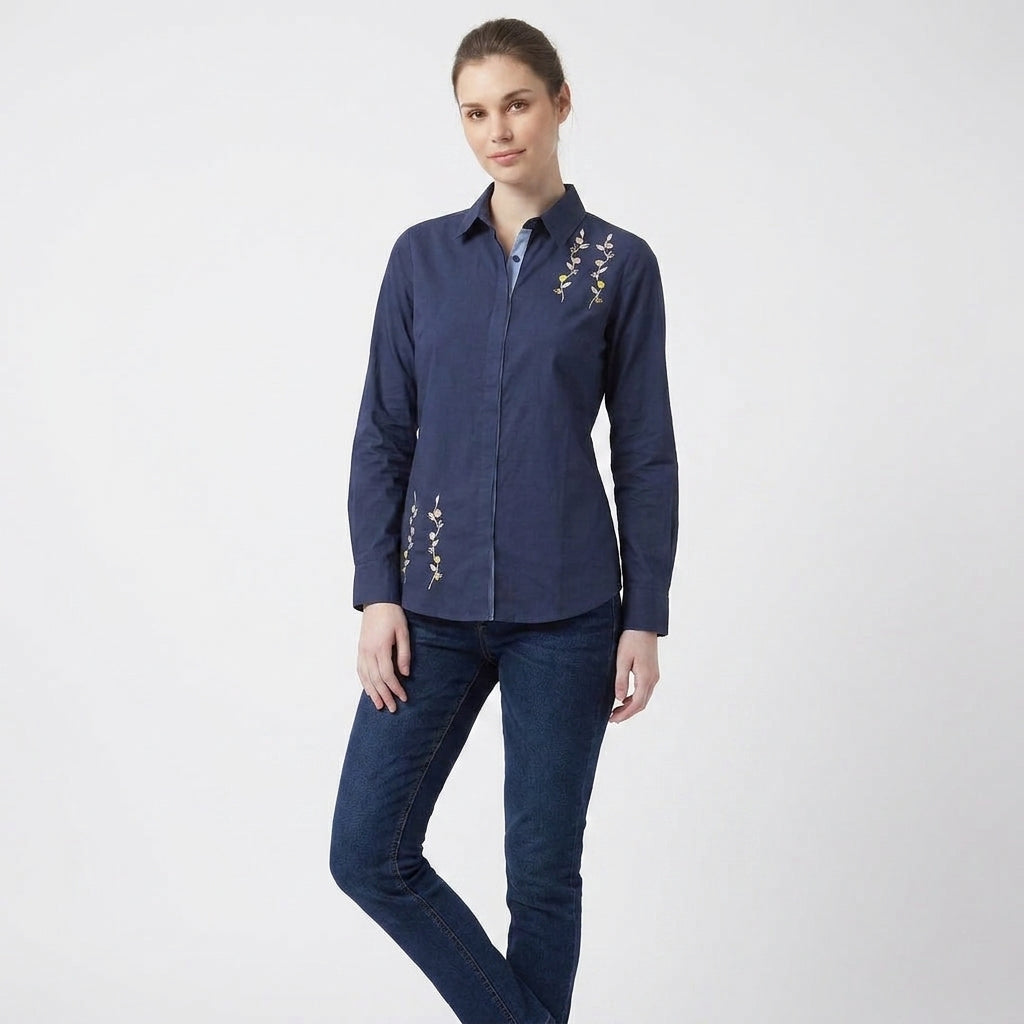 Navy Floral Embroidered Contrast Collar Shirt