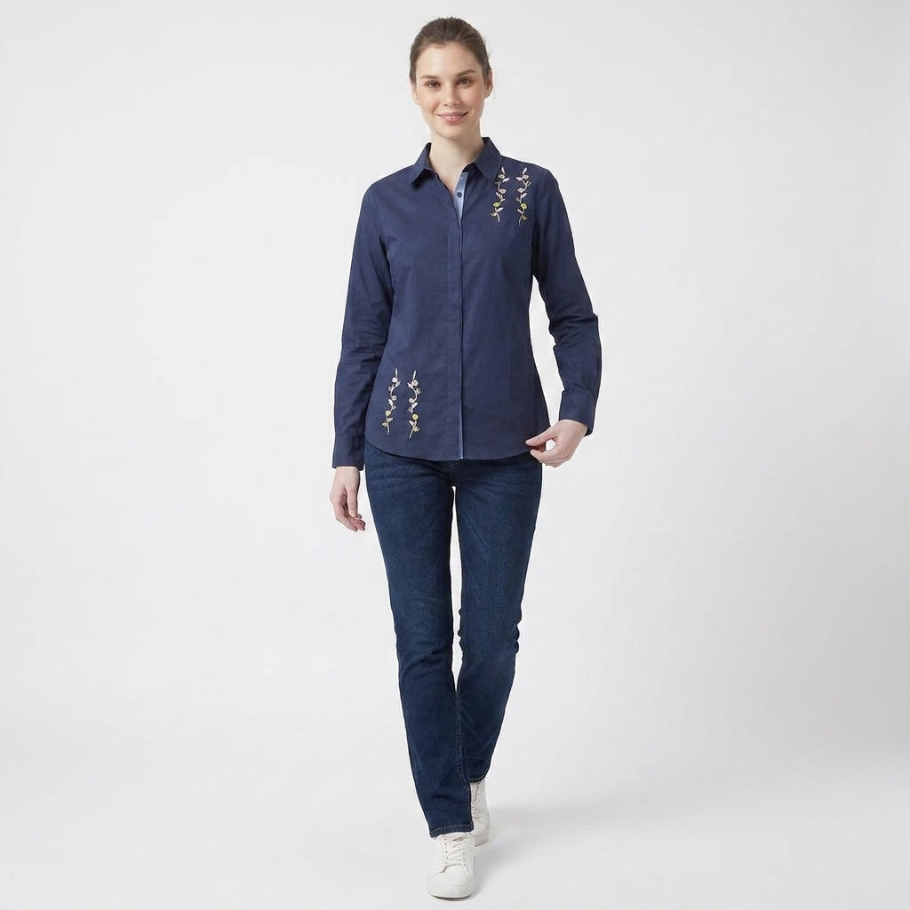 Navy Floral Embroidered Contrast Collar Shirt
