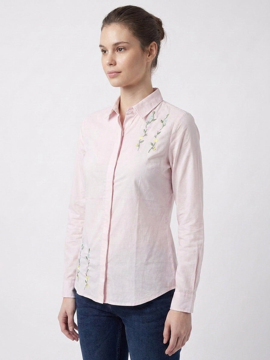Blush Pink Floral Embroidered Placket Shirt