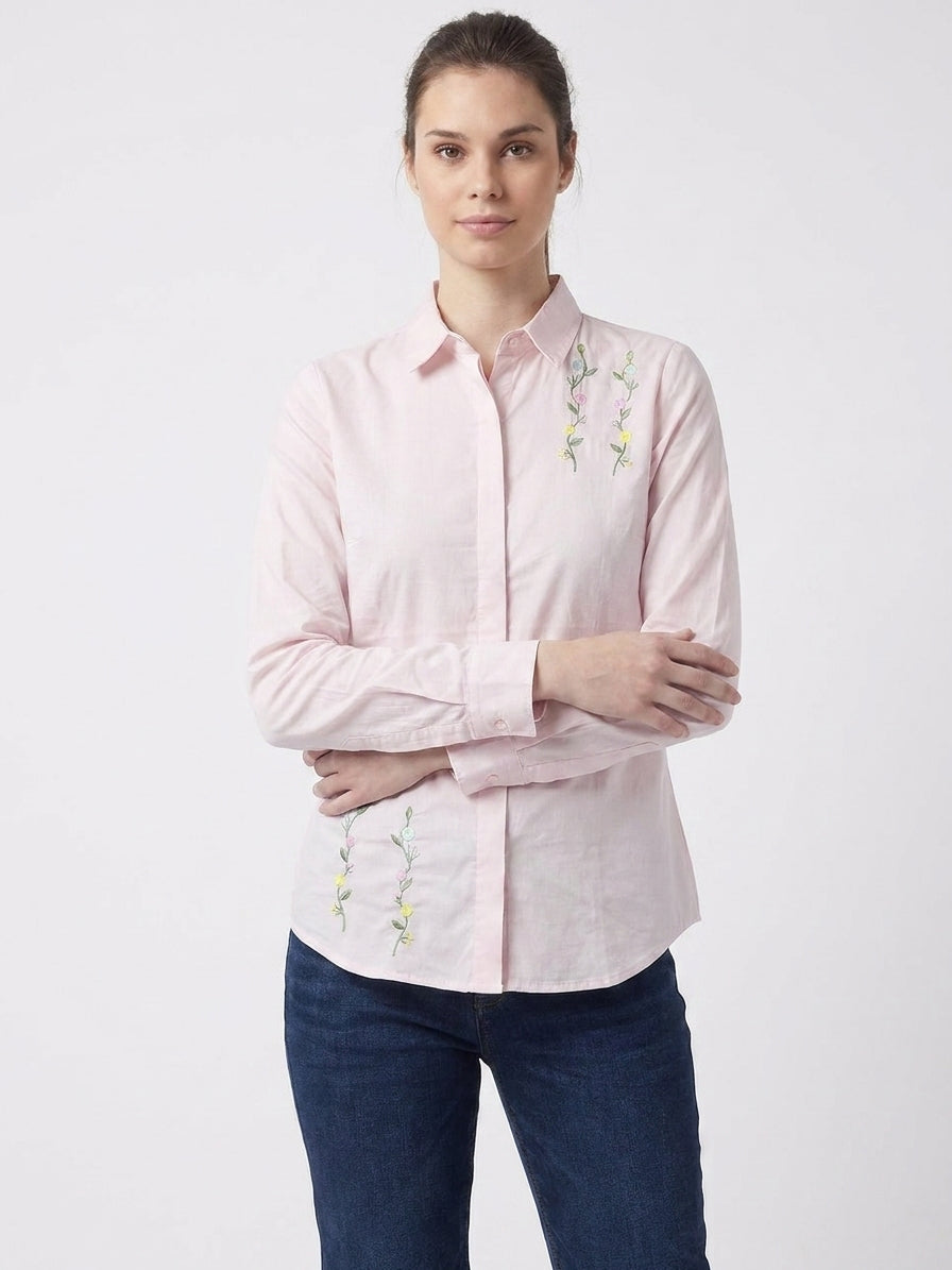 Blush Pink Floral Embroidered Placket Shirt