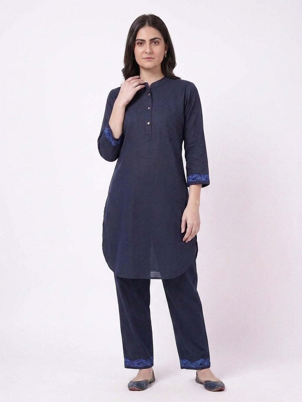 Navy Tone Embroidered Cuff Kurta Co-ord Set