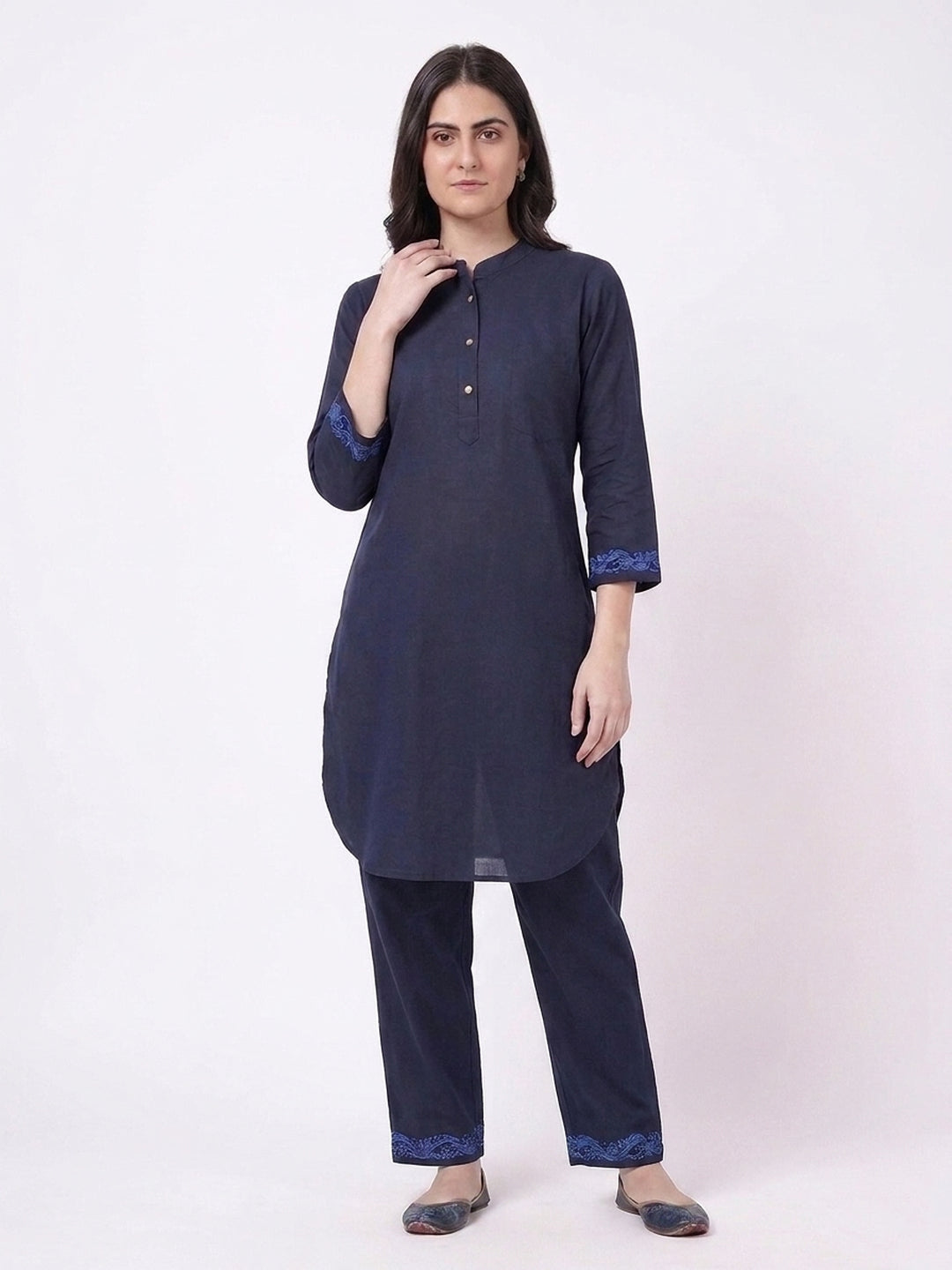 Navy Tone Embroidered Cuff Kurta Co-ord Set