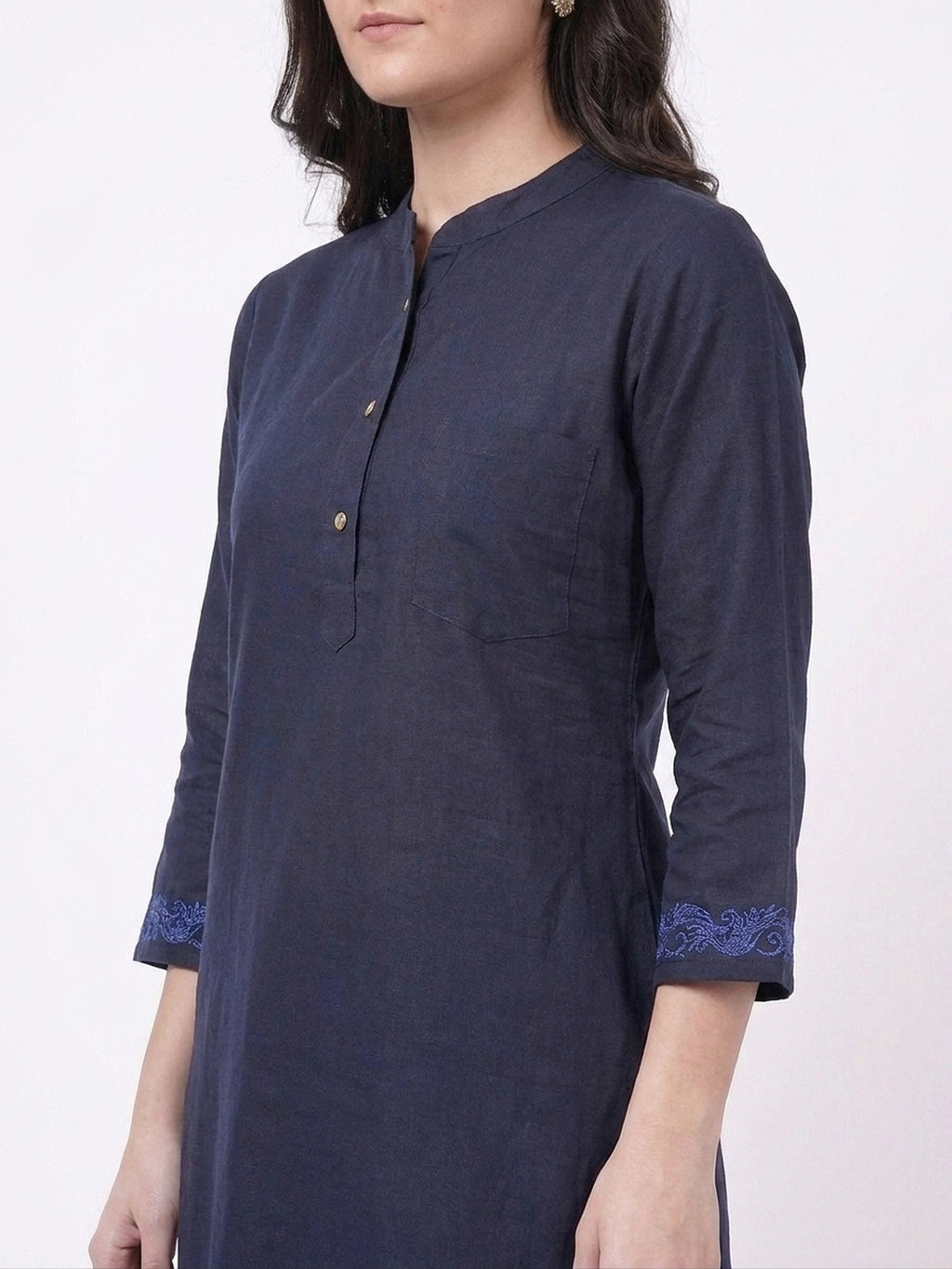 Navy Tone Embroidered Cuff Kurta Co-ord Set