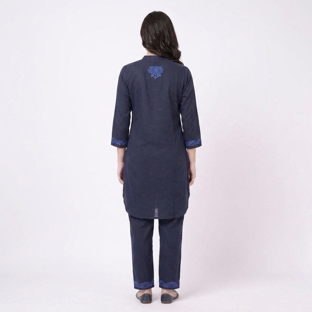 Navy Tone Embroidered Cuff Kurta Co-ord Set