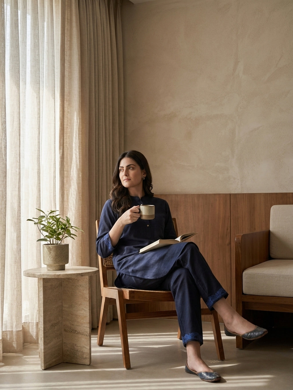 Navy Tone Embroidered Cuff Kurta Co-ord Set