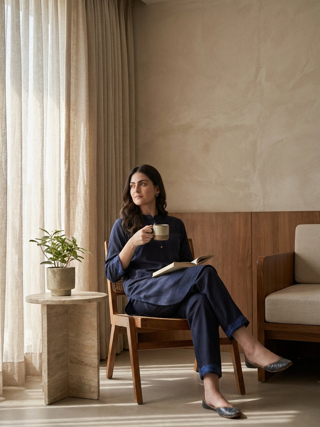 Navy Tone Embroidered Cuff Kurta Co-ord Set