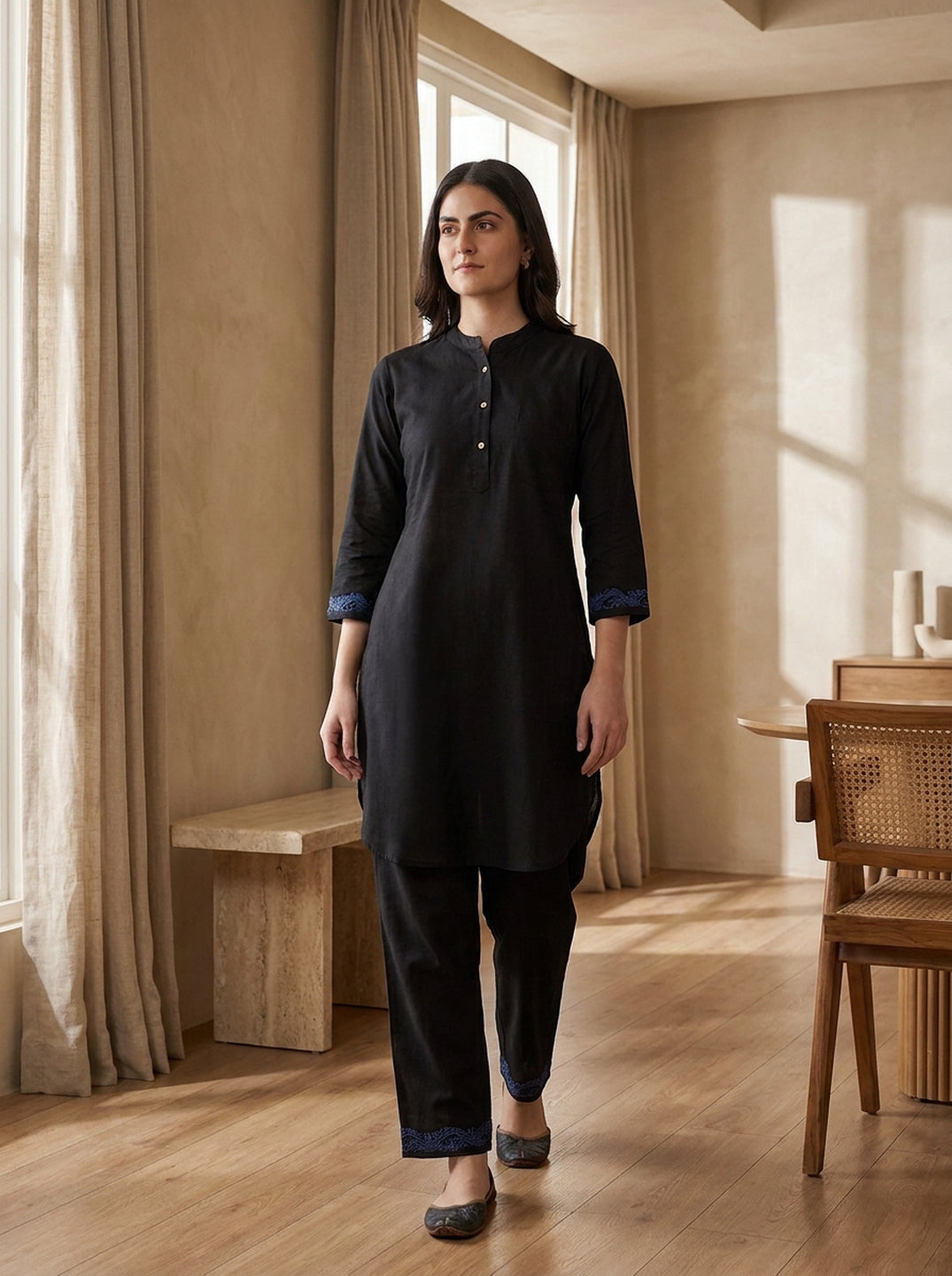 Black Blue Embroidered Cuff Kurta Co-ord Set