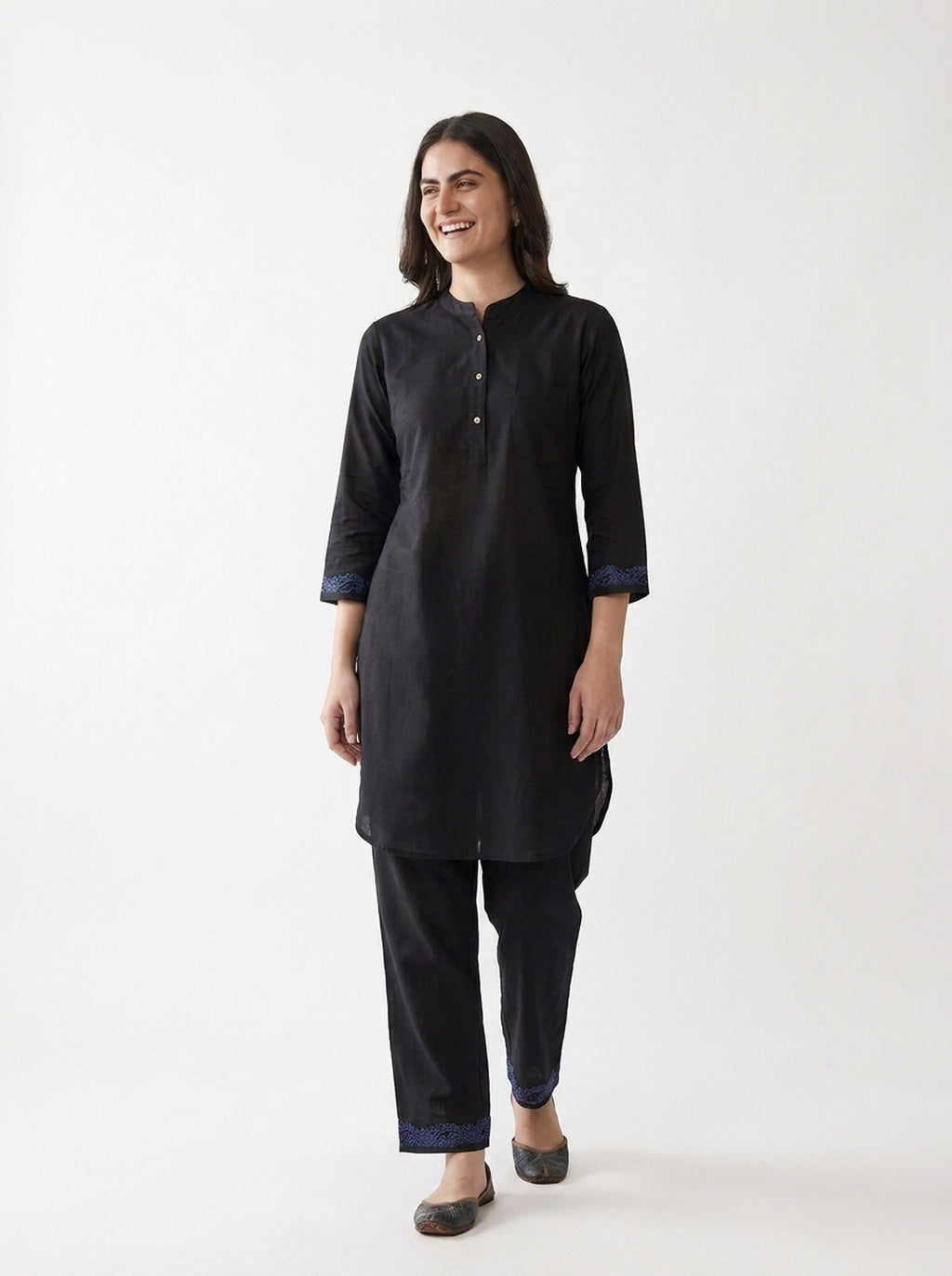Black Blue Embroidered Cuff Kurta Co-ord Set