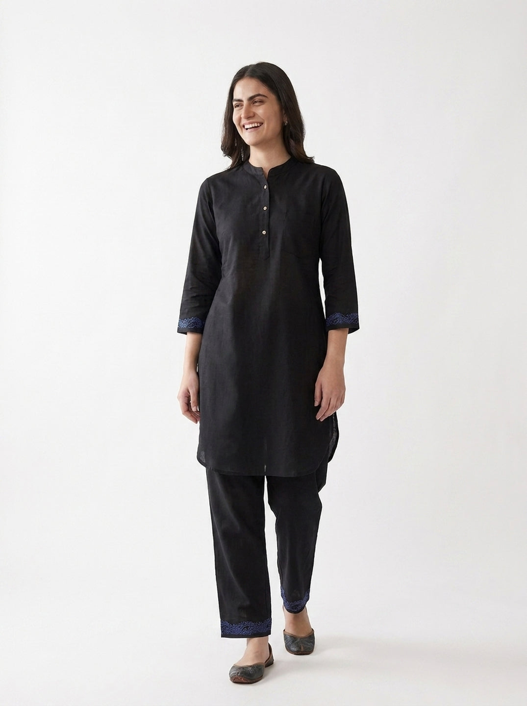 Black Blue Embroidered Cuff Kurta Co-ord Set