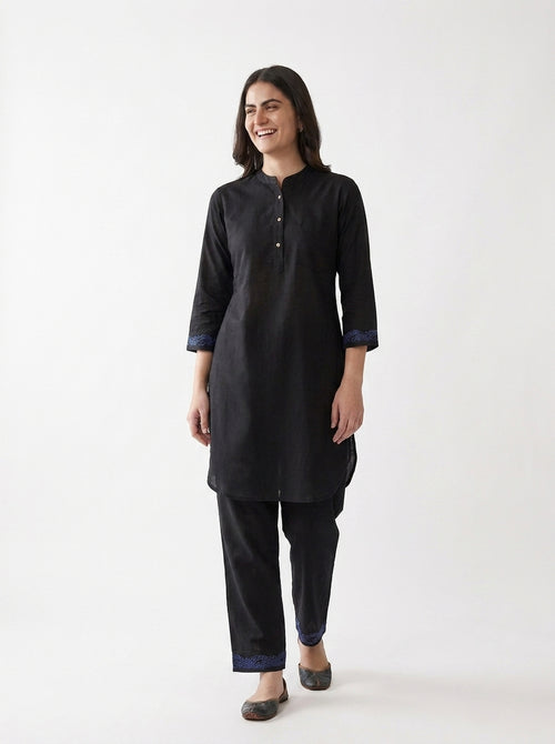 Black Blue Embroidered Cuff Kurta Co-ord Set