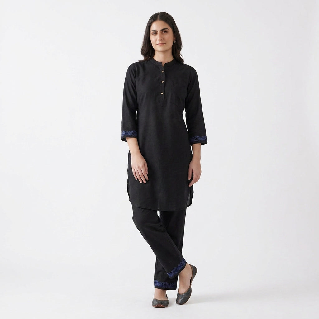 Black Blue Embroidered Cuff Kurta Co-ord Set