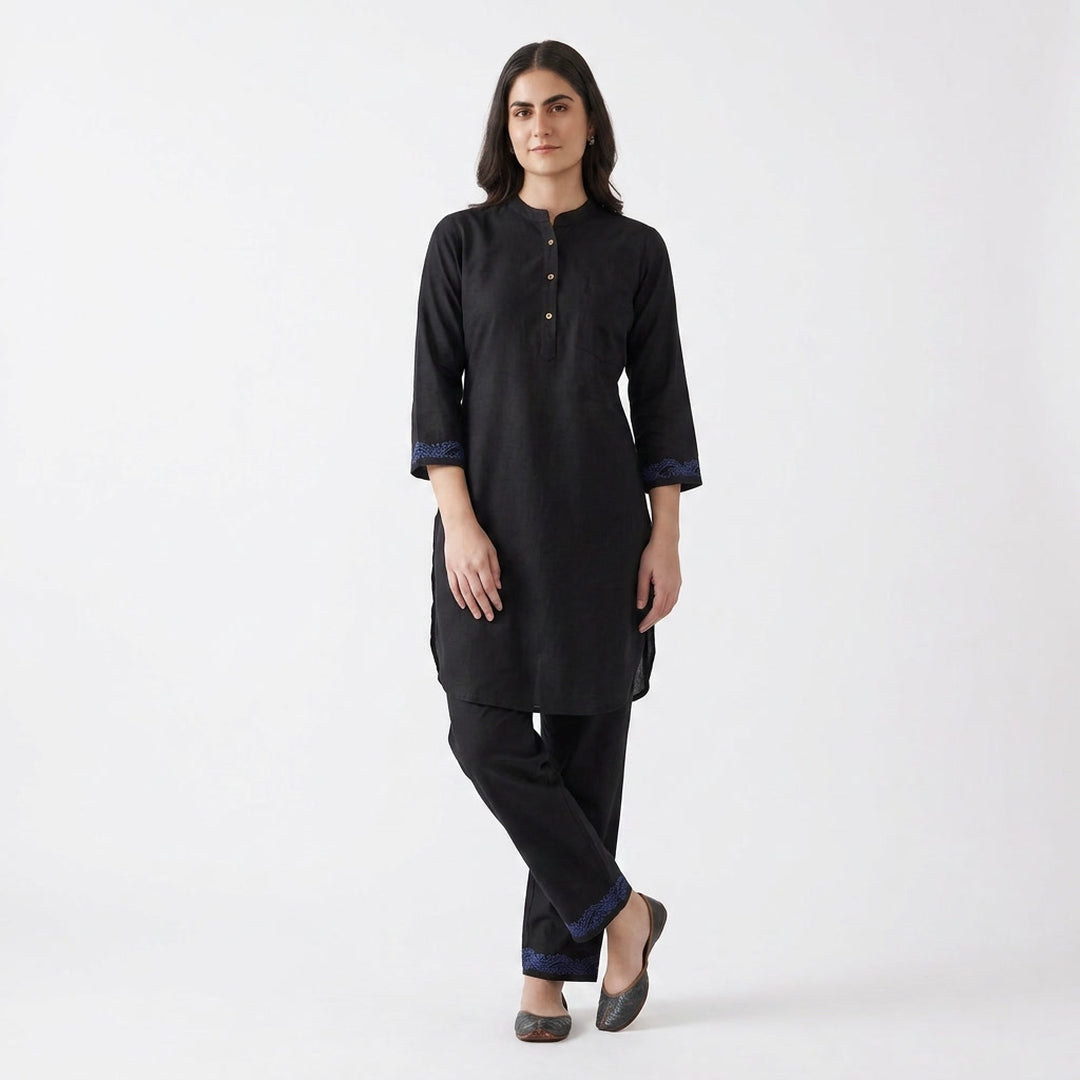 Black Blue Embroidered Cuff Kurta Co-ord Set