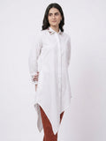 White Floral Embroidered Collar Longline Shirt