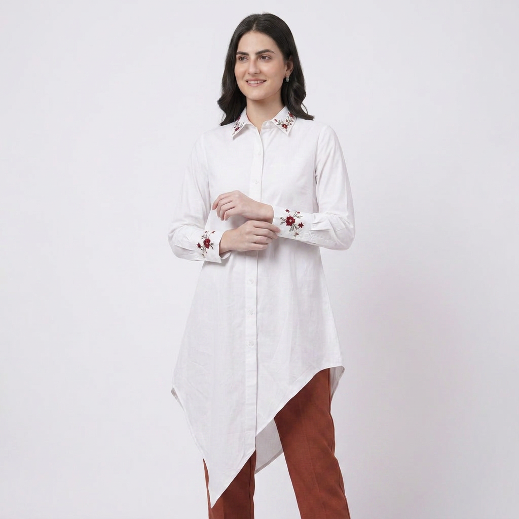 White Floral Embroidered Collar Longline Shirt