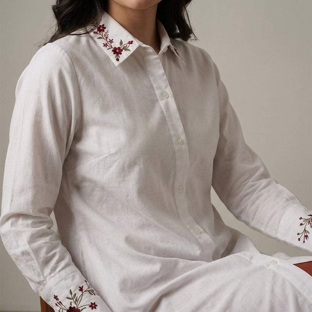 White Floral Embroidered Collar Longline Shirt