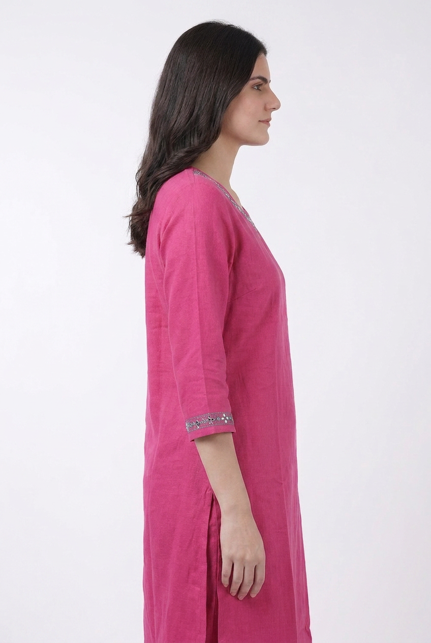 Fuchsia Embroidered Round Neck Kurta Co-ord Set