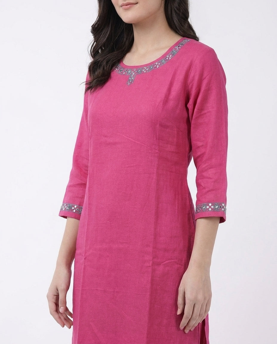 Fuchsia Embroidered Round Neck Kurta Co-ord Set