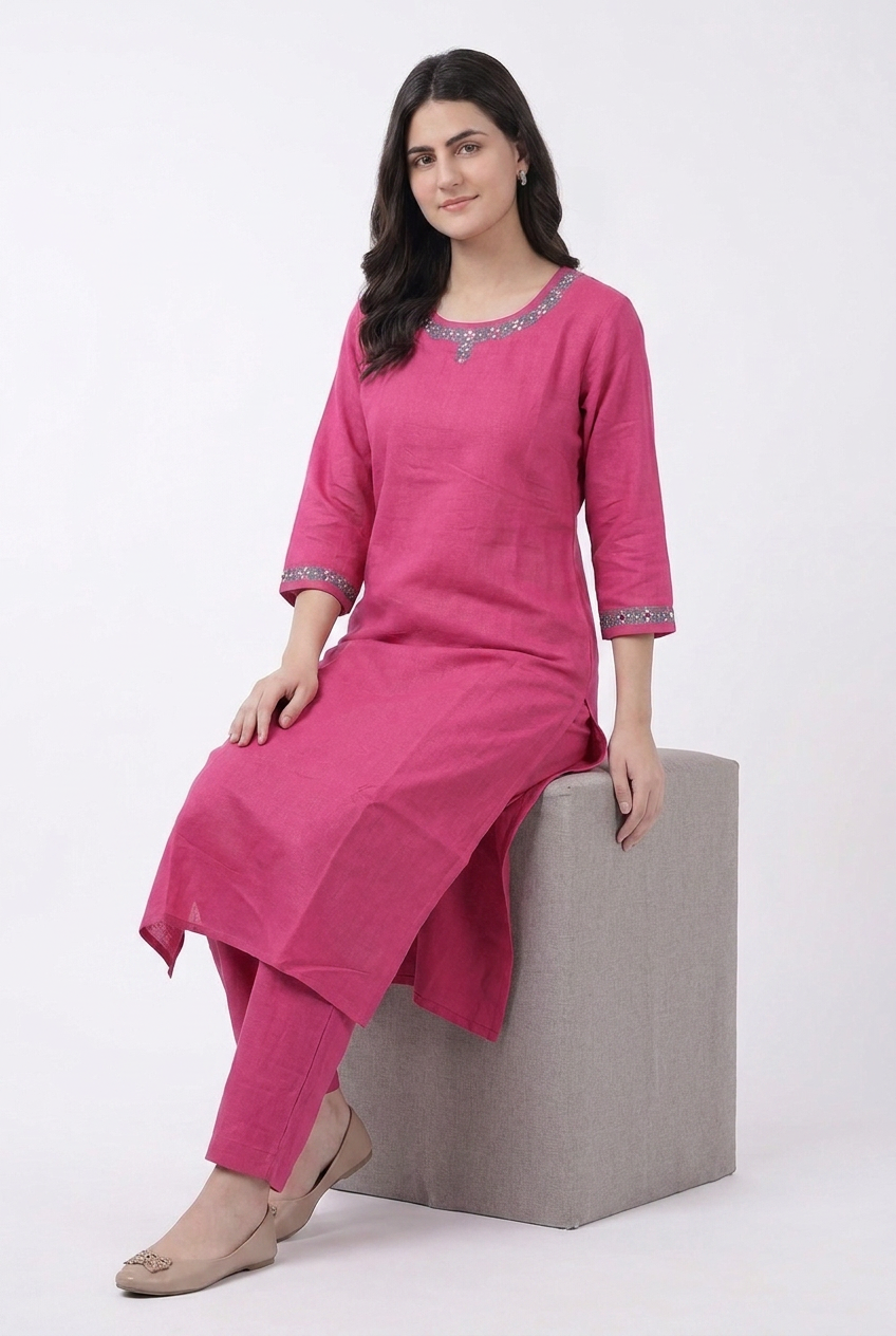 Fuchsia Embroidered Round Neck Kurta Co-ord Set