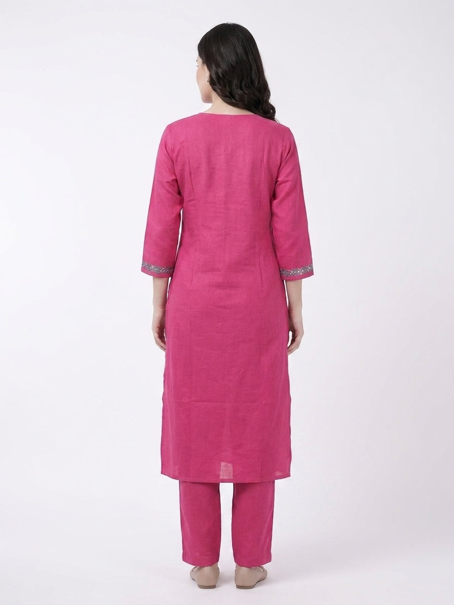 Fuchsia Embroidered Round Neck Kurta Co-ord Set