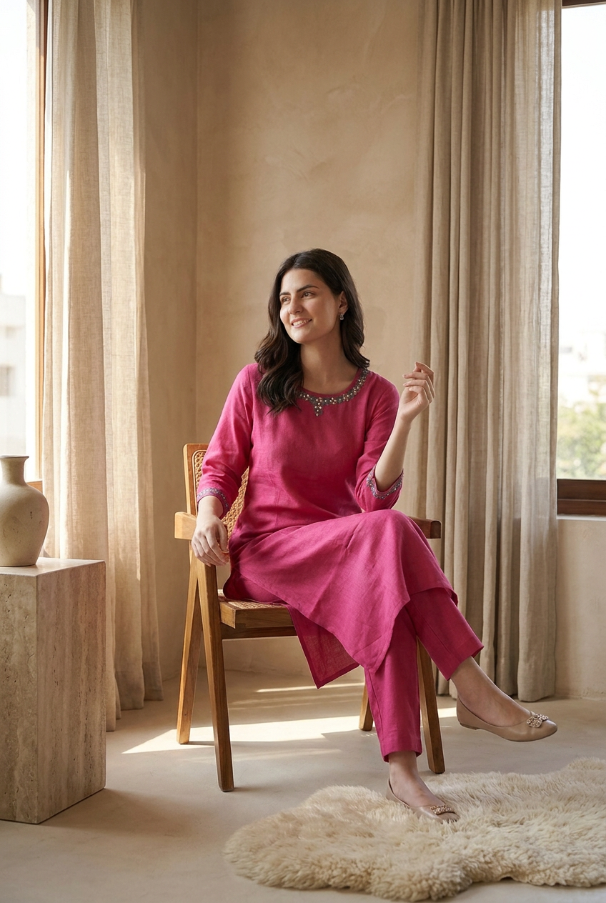 Fuchsia Embroidered Round Neck Kurta Co-ord Set