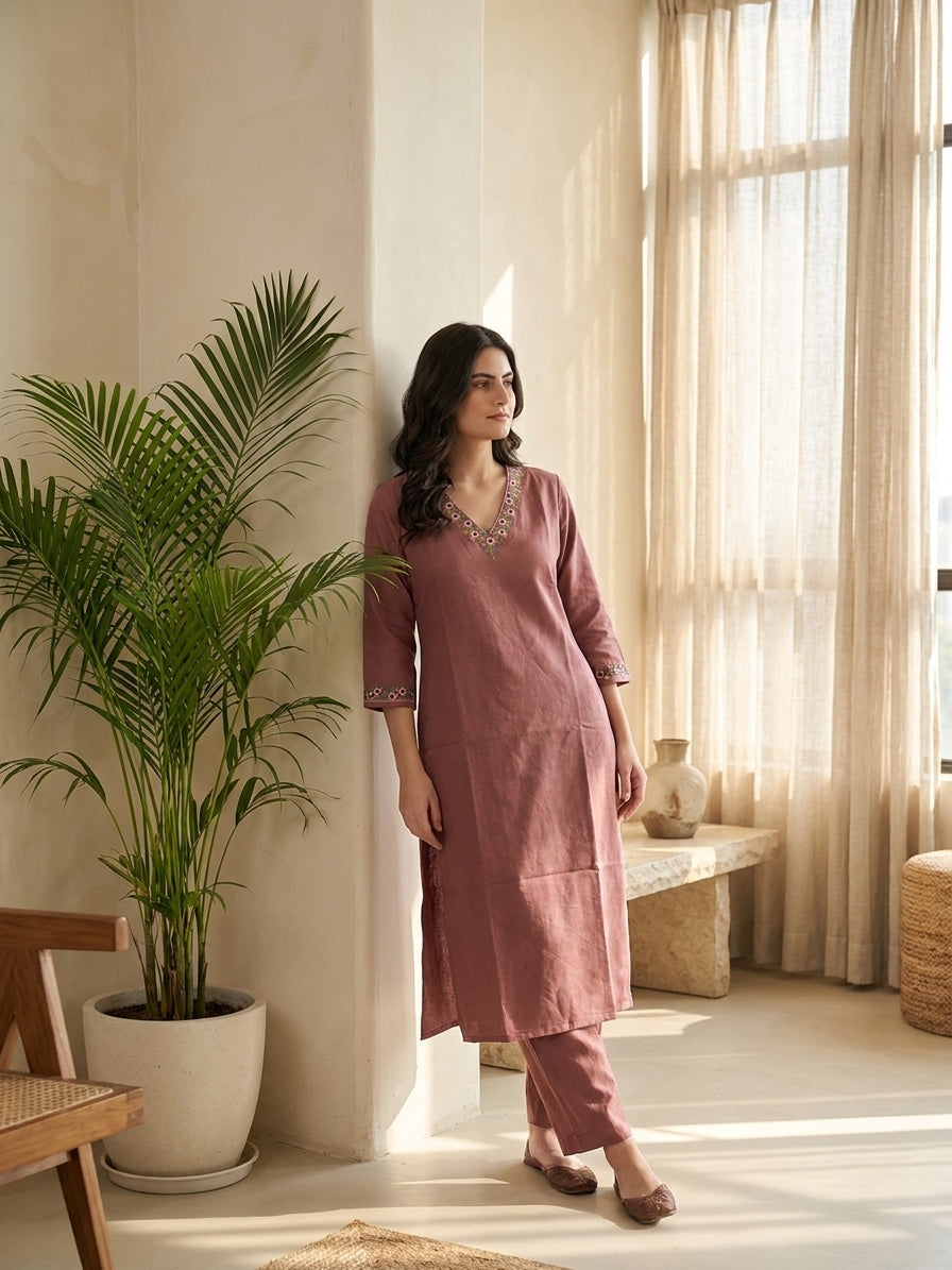 Mauve Floral Embroidered V-Neck Kurta Co-ord Set