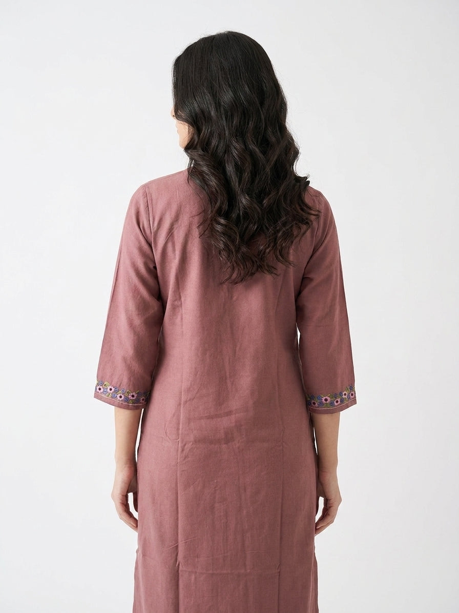 Mauve Floral Embroidered V-Neck Kurta Co-ord Set