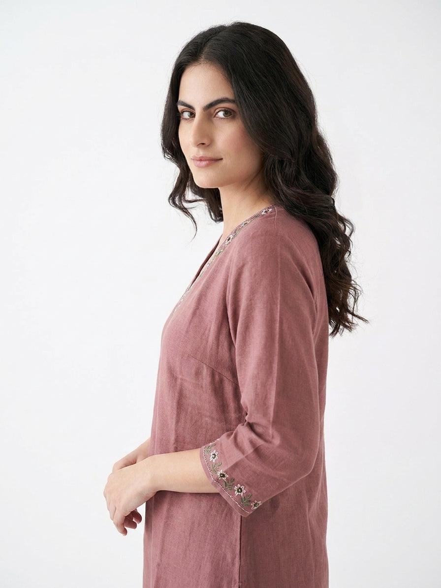 Mauve Floral Embroidered V-Neck Kurta Co-ord Set