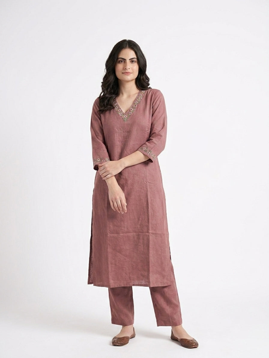 Mauve Floral Embroidered V-Neck Kurta Co-ord Set